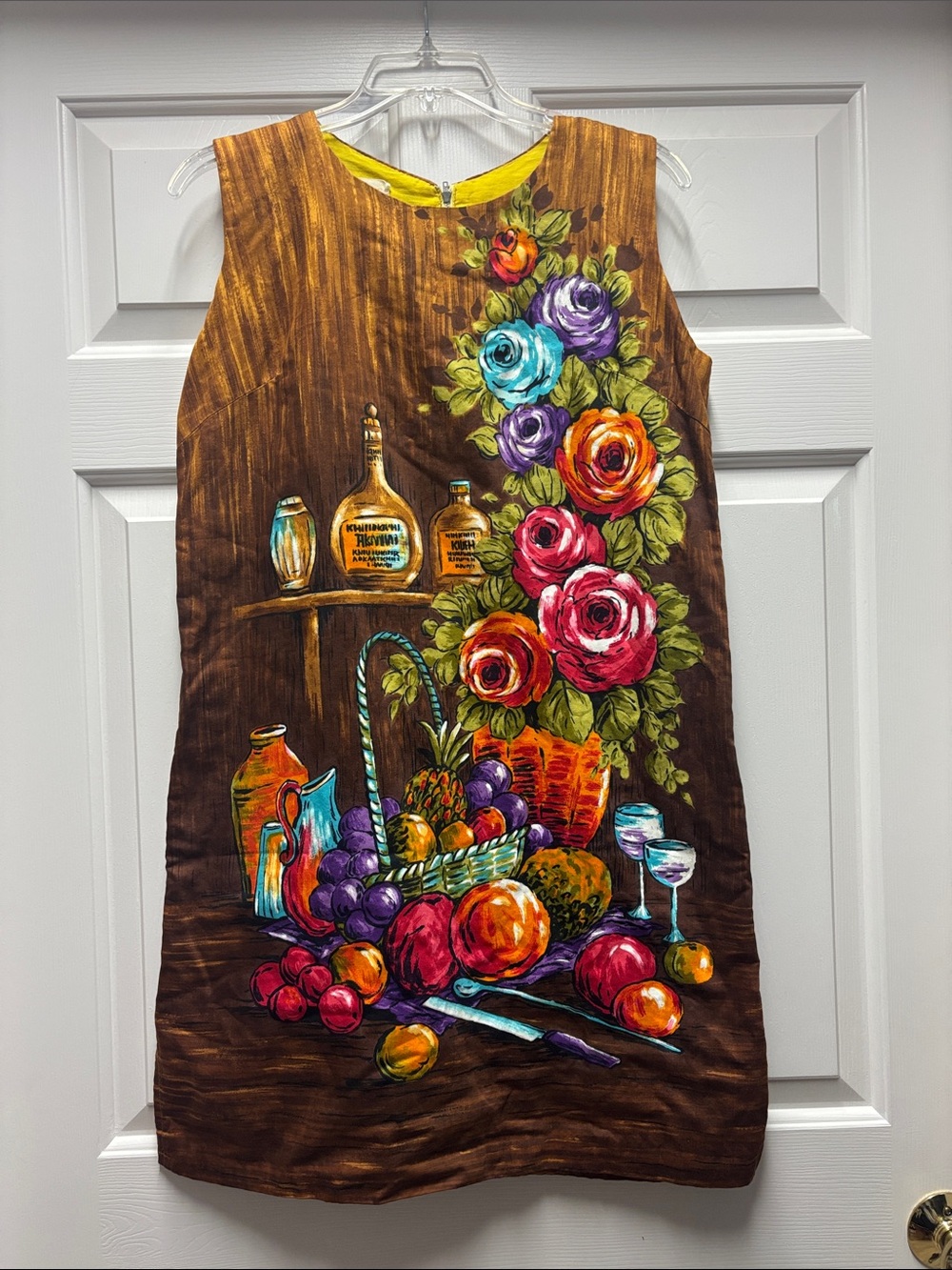 Vintage It’s Apropos brown Floral Fruit Print Shift Dress Retro Medium 6/8